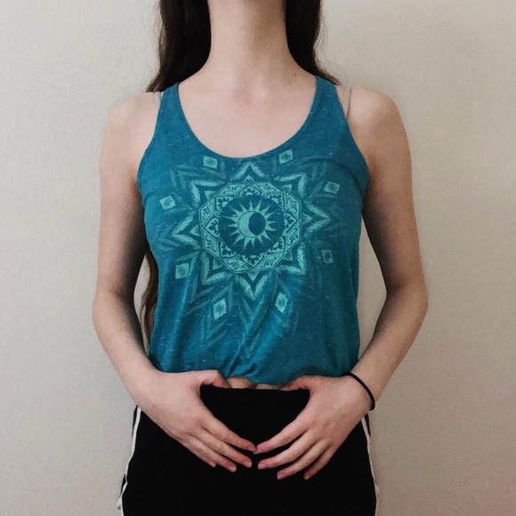Mudd Tops - turquoise blue tank top with geometric symbol print design